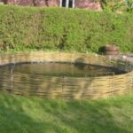 Svømmebassin omkransertaf et lavt pilehegn .